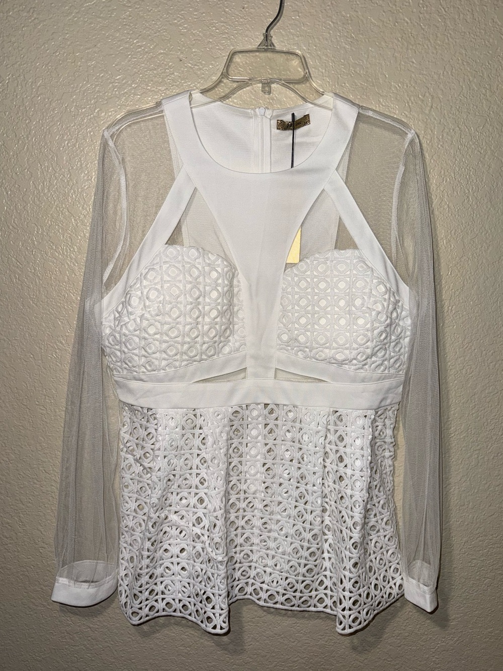 NWT FT Inc 2X White Sheer Mesh Lace Peplum Blouse Romantic Top